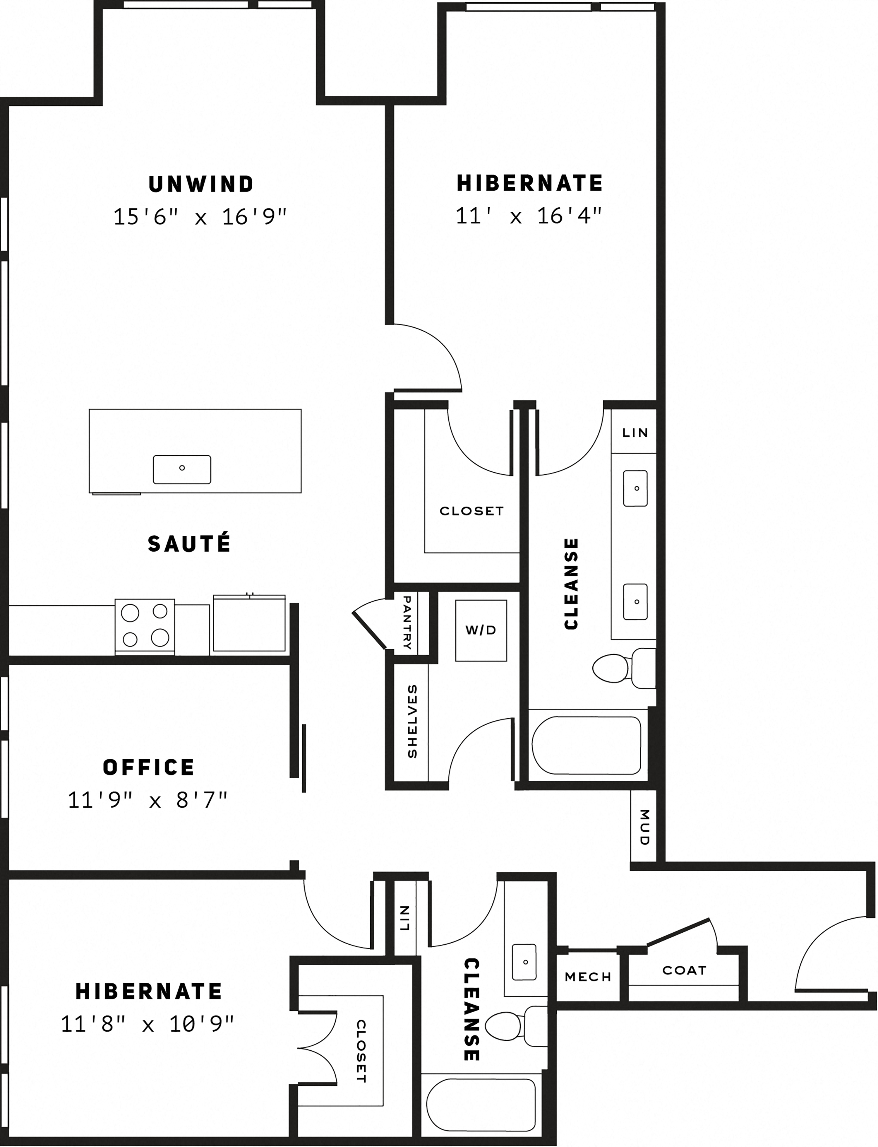 Floor plan for 2 beds, 2 baths, 1345 sqft
